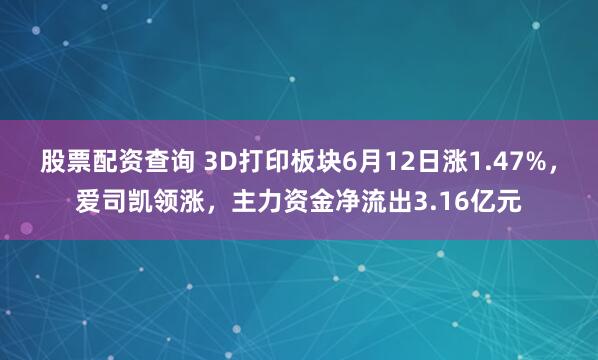 股票配资查询 3D打印板块6月12日涨1.47%，爱司凯领涨，主力资金净流出3.16亿元