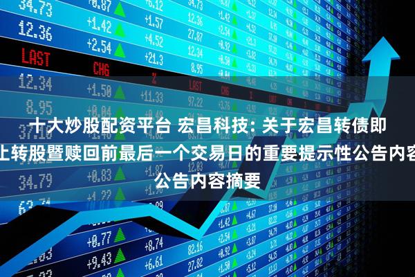 十大炒股配资平台 宏昌科技: 关于宏昌转债即将停止转股暨赎回前最后一个交易日的重要提示性公告内容摘要